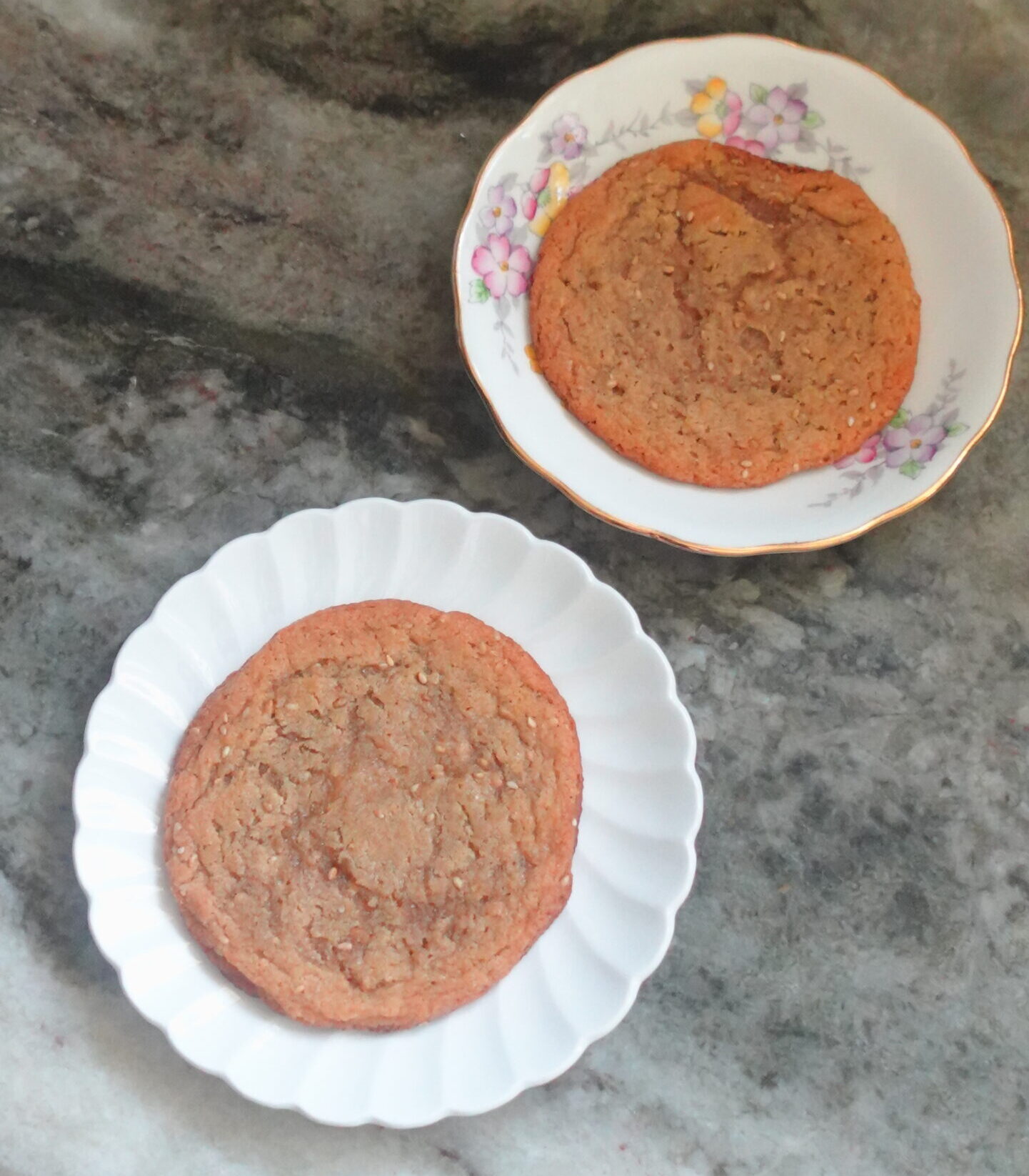 Miso and Tahini cookies, cookies, two cookies on a plate