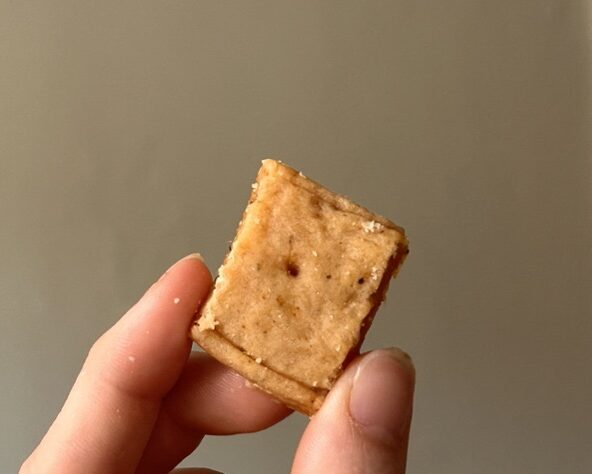 A close-up of a single sourdough cracker held between two fingers, showing its texture and golden color.